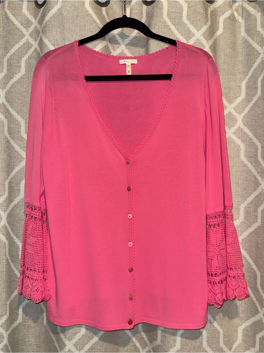 Escada Women's Pink Button-Front Lace-Bell Sleeve Top - Size 44